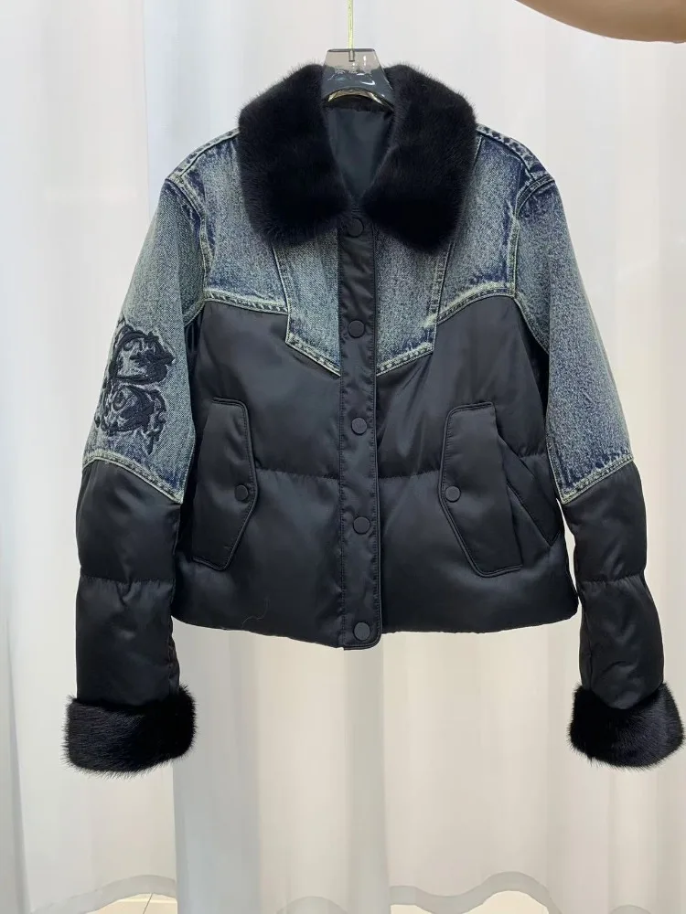 

Goose Down Jacket Reality Fur Jacket Windproof Women Autumn Winter Short Inner Liner Turn-down Collar Denim Fashion Fur Coat