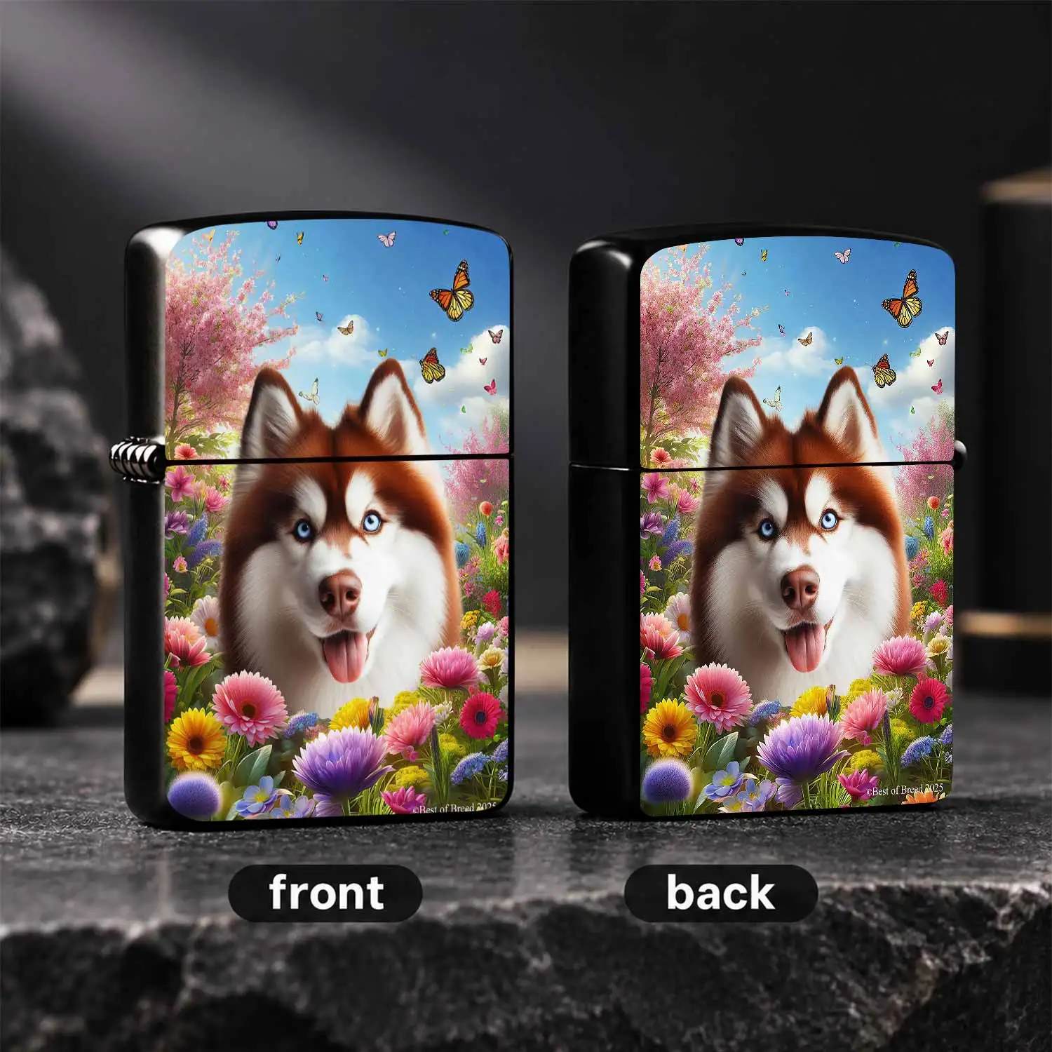 Vibrant Brown Husky with Stunning Blue Eyes Lighter, Surrounded by Blooming Colorful Flowers and Dancing Butterflies, Charming Pet Themed Portable Accessory, Ideal for All Daily Occasions and Pet A Humorous And Interesting Lighter