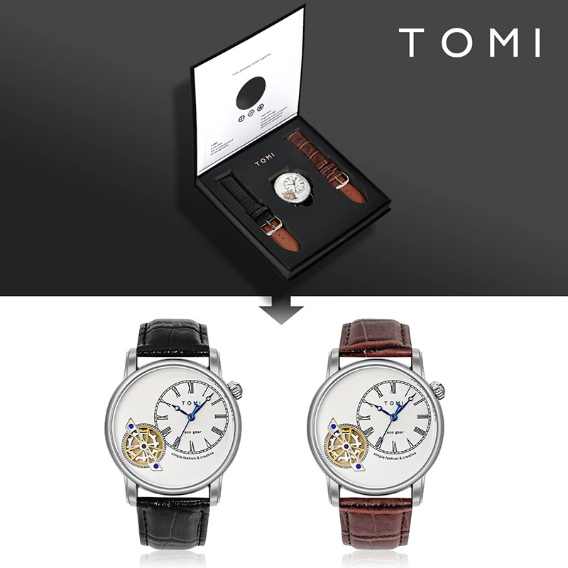 TOMI Set Gift Box Luxury and Fashionable Men's Quartz Watch Leisure Calendar Double Strap Quartz Watch Festival Gift