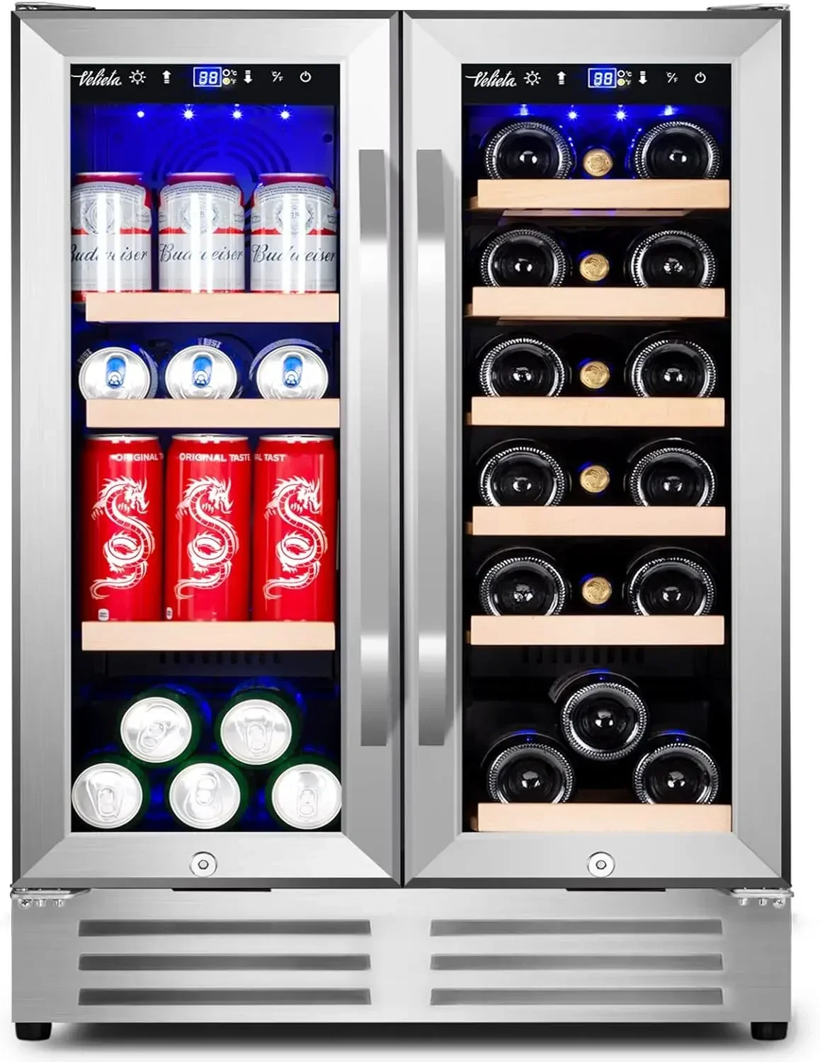 Wine and Beverage Refrigerator, 24 Inch Dual Zone Fridge with Glass Door, Built-In Cooler with Powerful and Quite Cool System