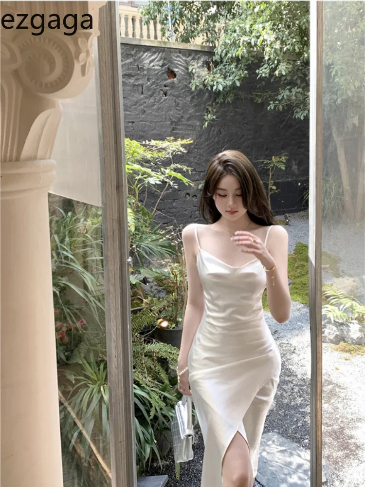 Ezgaga Summer New Elegant Dresses Women French Style Sexy Swinging Collar Satin Sleeveless Slim White Dress Ladies Stylish