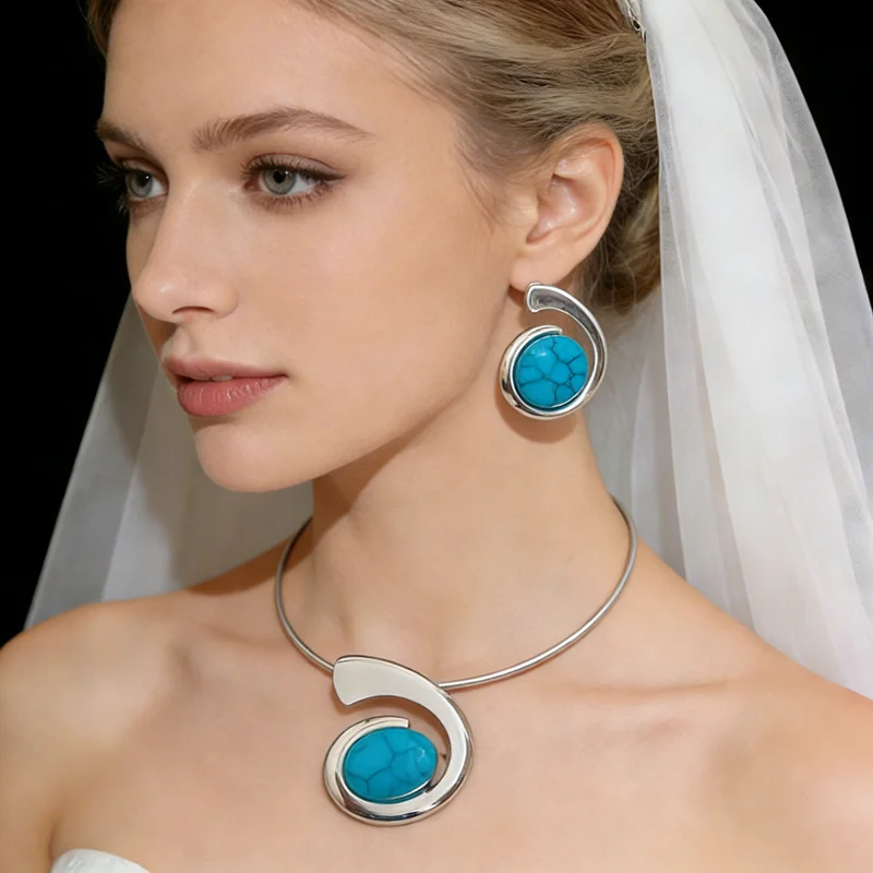 Vintage Imitation Turquoise Pendant Necklace Earrings Jewlry Sets Irregular Geometric Necklace Earrings Wedding Collection Set A