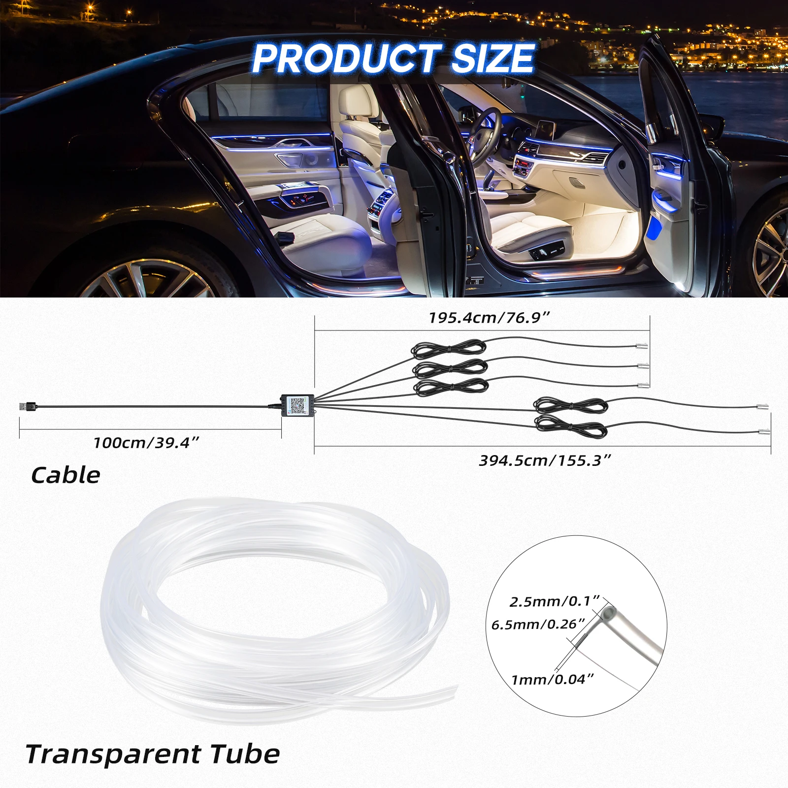 BEVINSEE 6M 8M 10M RGB LED Glasfaser-Lichtstreifen-Set, Mehrfarbige Auto-Innenraumbeleuchtung, APP & Fernbedienung, Universelle Auto-Ambientebeleuchtung