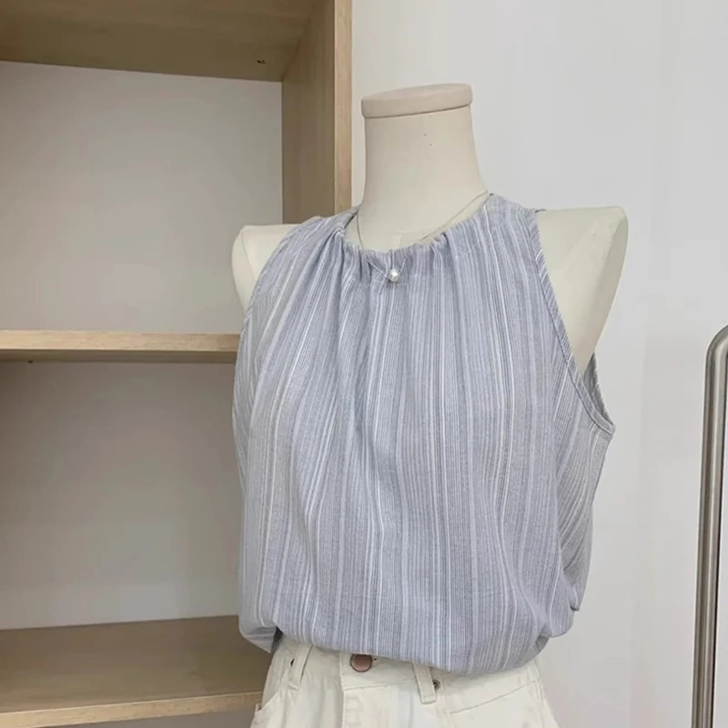 

Новый летний корейский полосатый жилет с завязками, женский свободный круглый жилет Ne Hanging Ne Svel Top Faionable Design