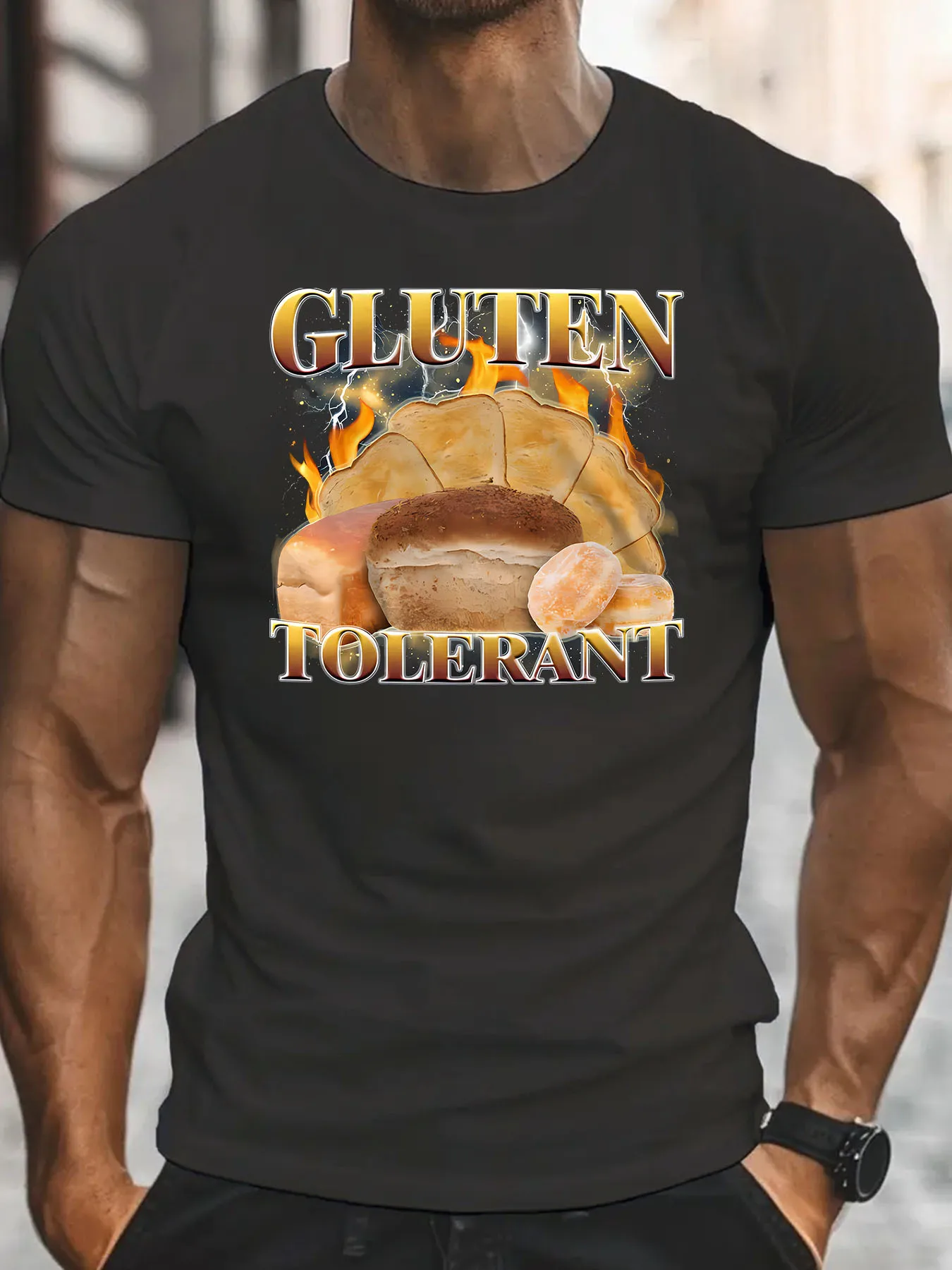 Gluten Resistant Funny Emoji T-Shirt, Funny Joke T-Shirt, Gluten T-Shirt, 1990s Vintage T-Shirt, Vintage Pattern T-Shirt, Gift, Men's Top, Gift T-Shirt, Summer, Daily Casual, Crew Neck Short Sleeve, Fashion Men's Clothing