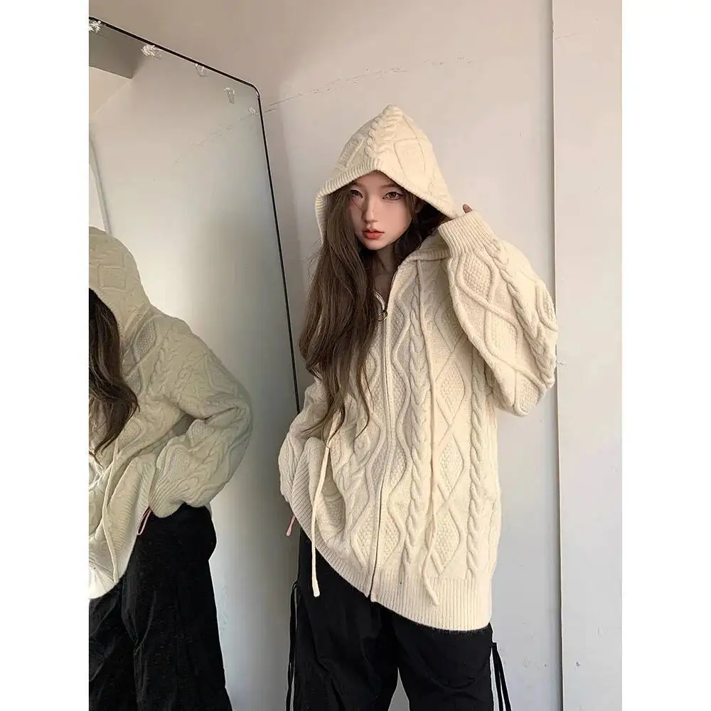 Men's Women Knitting Cardigan 2025 Autumn Winter New Hooded Cardigan Sweater Vibe Loose Knitwear Couples' Outerwear Top