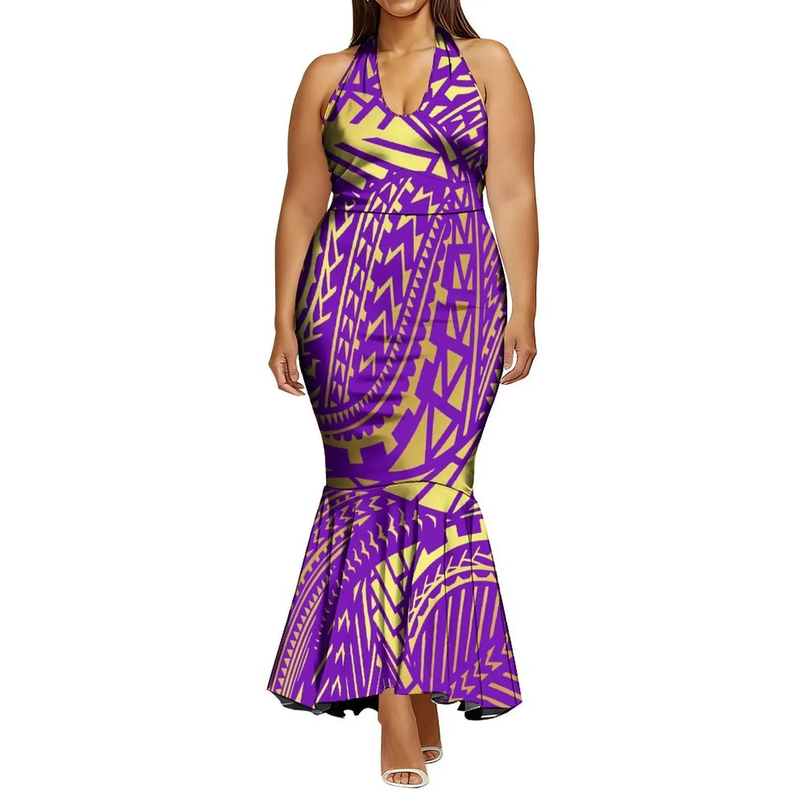 فستان طويل نحيف ومثير على شكل ذيل السمكة مع تصميم برباط مصنوع خصيصًا للنساء في بولينيزيا يتميز بتصميم قبلي #1