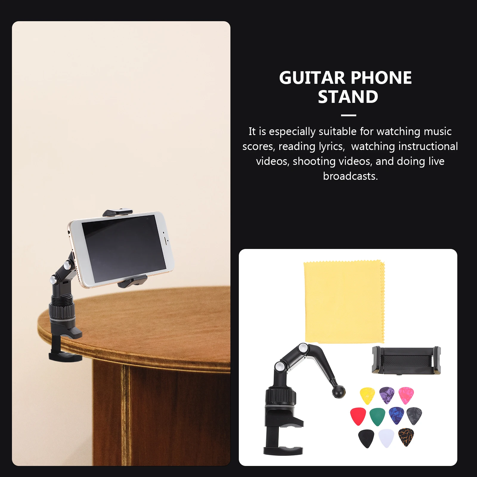 

Musical Instrument Phone Holder Adjustable Size Black Gray 360 Degree Rotation Clip on Shelf for Guitar Mobile Phone St Mount