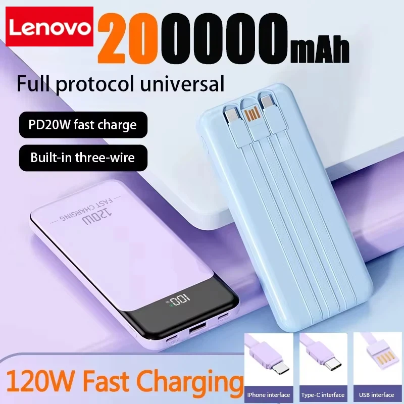 

Lenovo 200000mAh Large Capacity Super Fast Charging Mobile Power Bank Convenient 120W built-in three wire Suitable for iPhone