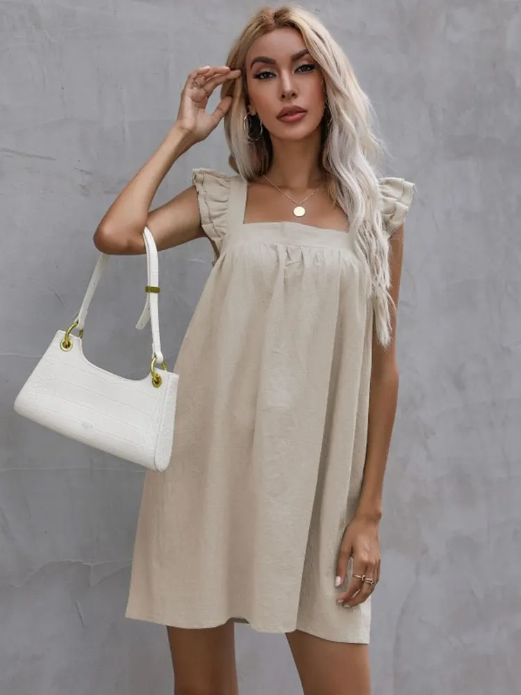 Msfilia Women Summer Square Collar Slip Dress Loose Ruffle Solid Color Cotton Linen Casual Chic Dresses