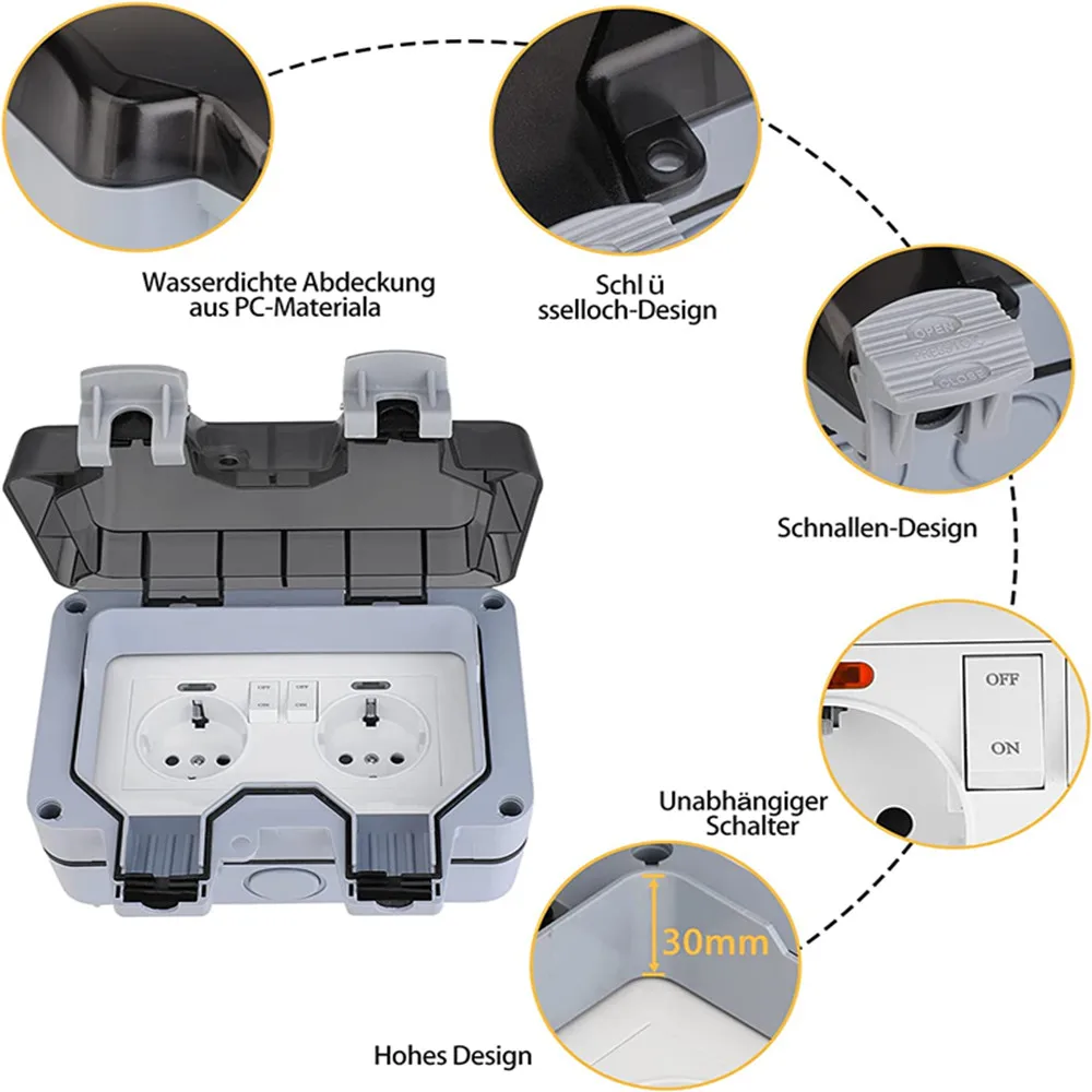 IP66 Weatherproof Thickened Wall Socket with Switch Indicator Light 2 Compartment for Wet Room Garden Outdoor Area