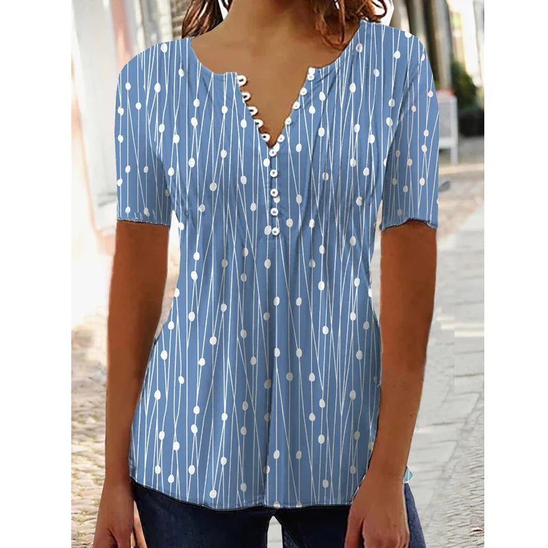 Women V-neck Polka Dot Print Elegant Blouse Summer Fashion Short Sleeve Loose Tunic Tops Casual Button Up Shirts Female Clothing