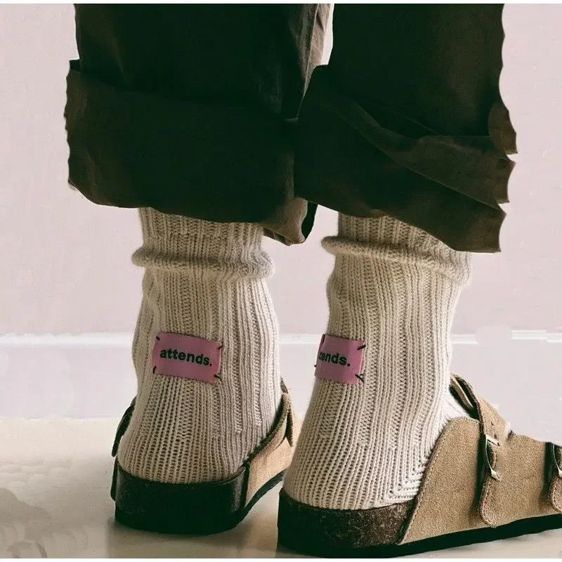 Knitted Middle Tube Socks Retro Pink Label Solid Color Spring Autumn Winter Warm Socks Home Mid-tube Cotton Thick Thread Needles