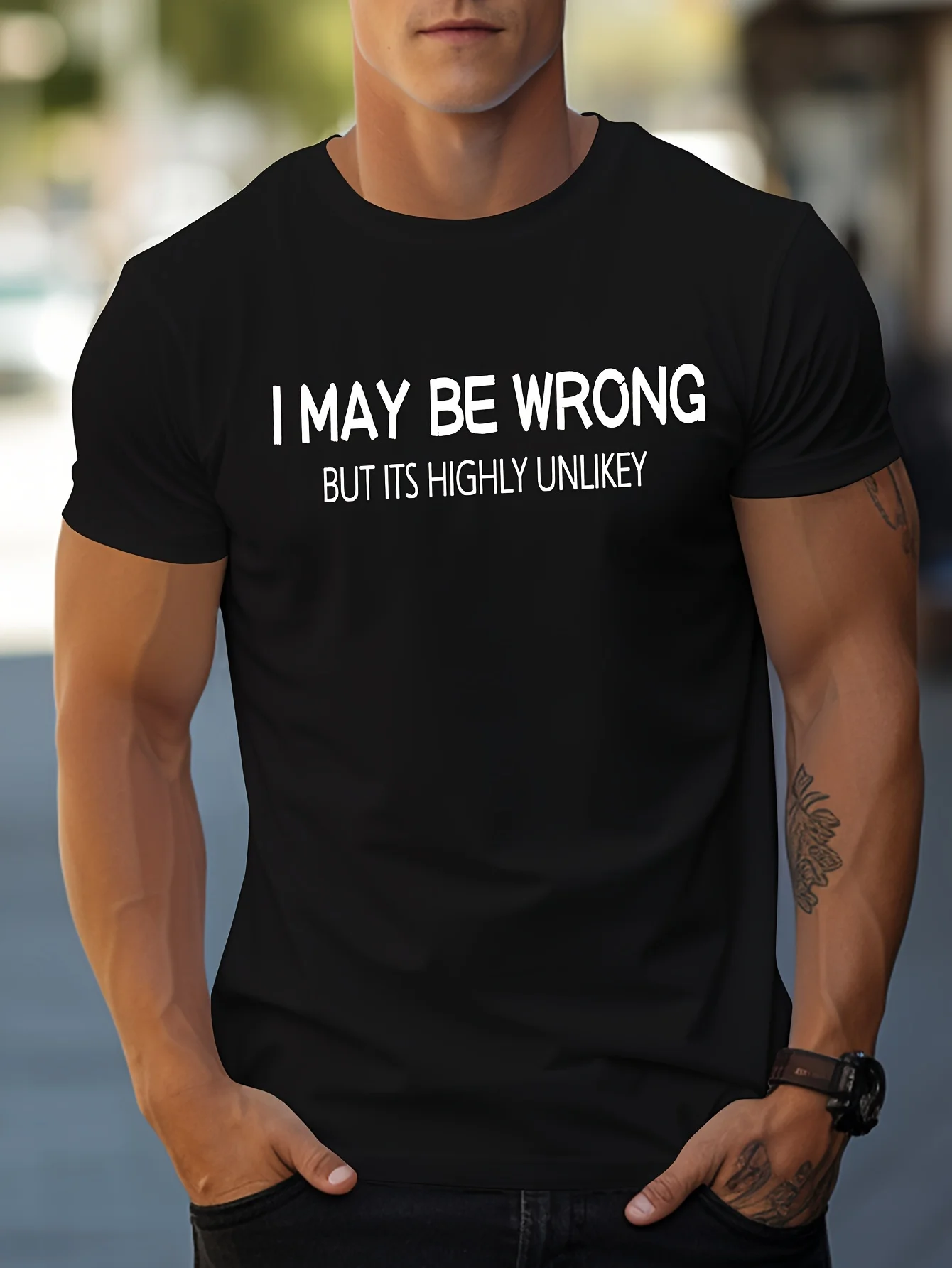 

MBDMBD Men's Slim Fit T-Shirt with "I May Be Wrong" English Quote - Street Style, Crew Neck, Short Sleeve, Polyester Blend,