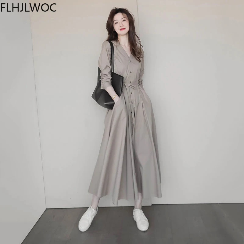 اليابان كوريا شيك تصميم تاريخ الفتيات النساء الخريف الربيع مكتب سيدة واحدة الصدر زر الصلبة لطيف طويل ماكسي الأساسية قميص فستان