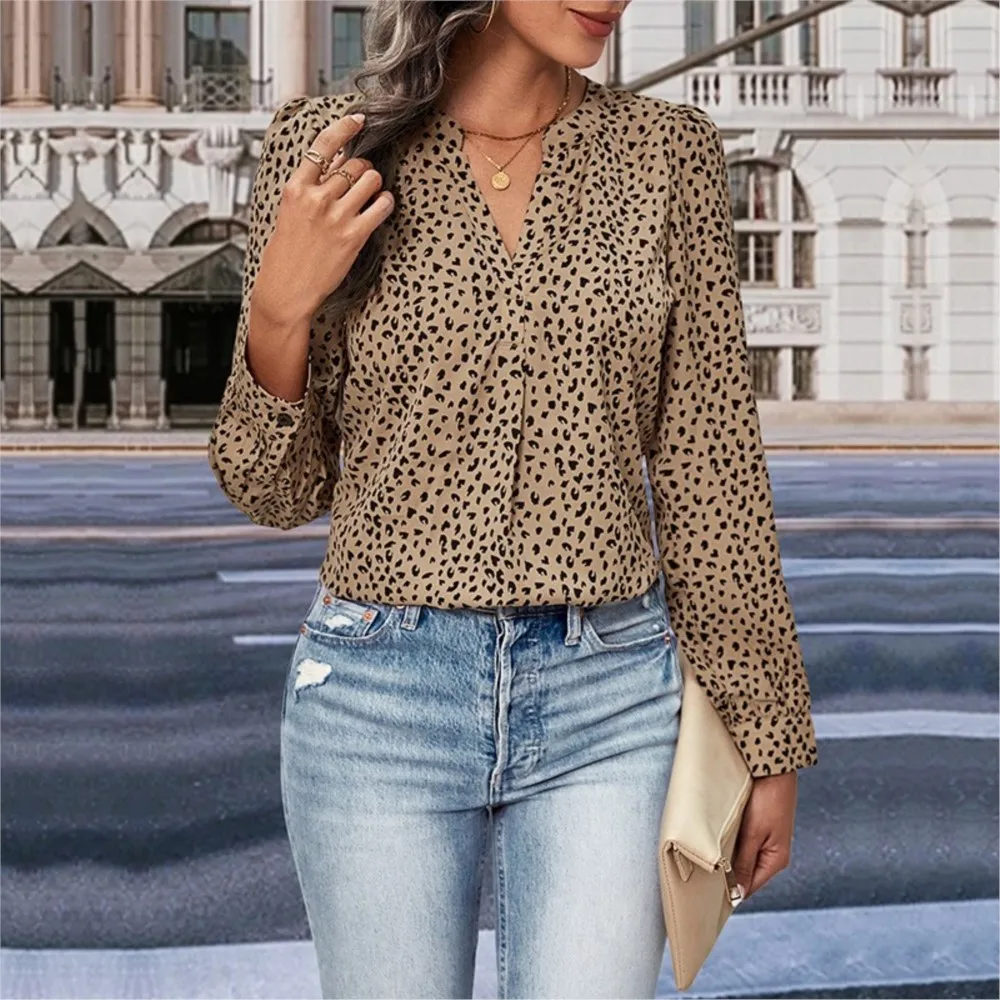 Elegant Women's New Long Sleeved Leopard Print Blouse Office Lady V-neck Slimming Top 2024 Autumn Versatile Blouses  Femininos