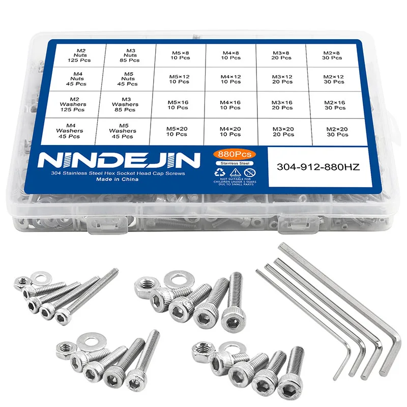 Nindejin 880 stücke Sechskant-Innen sechs kant schraube Sortiment Kit m2 m3 m4 m5 Edelstahl flache runde Kappe Kopfs ch raube und Mutter Set