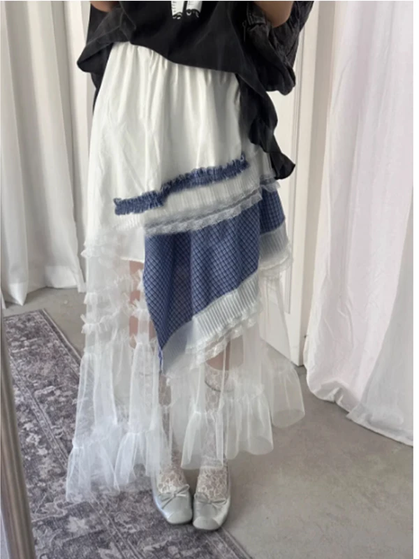 

Юбка А-силуэта с высокой талией, асимметричная, с кружевными вставками и клетчатым узором, женская летняя новинка, стройнящая, длинная, однотонная