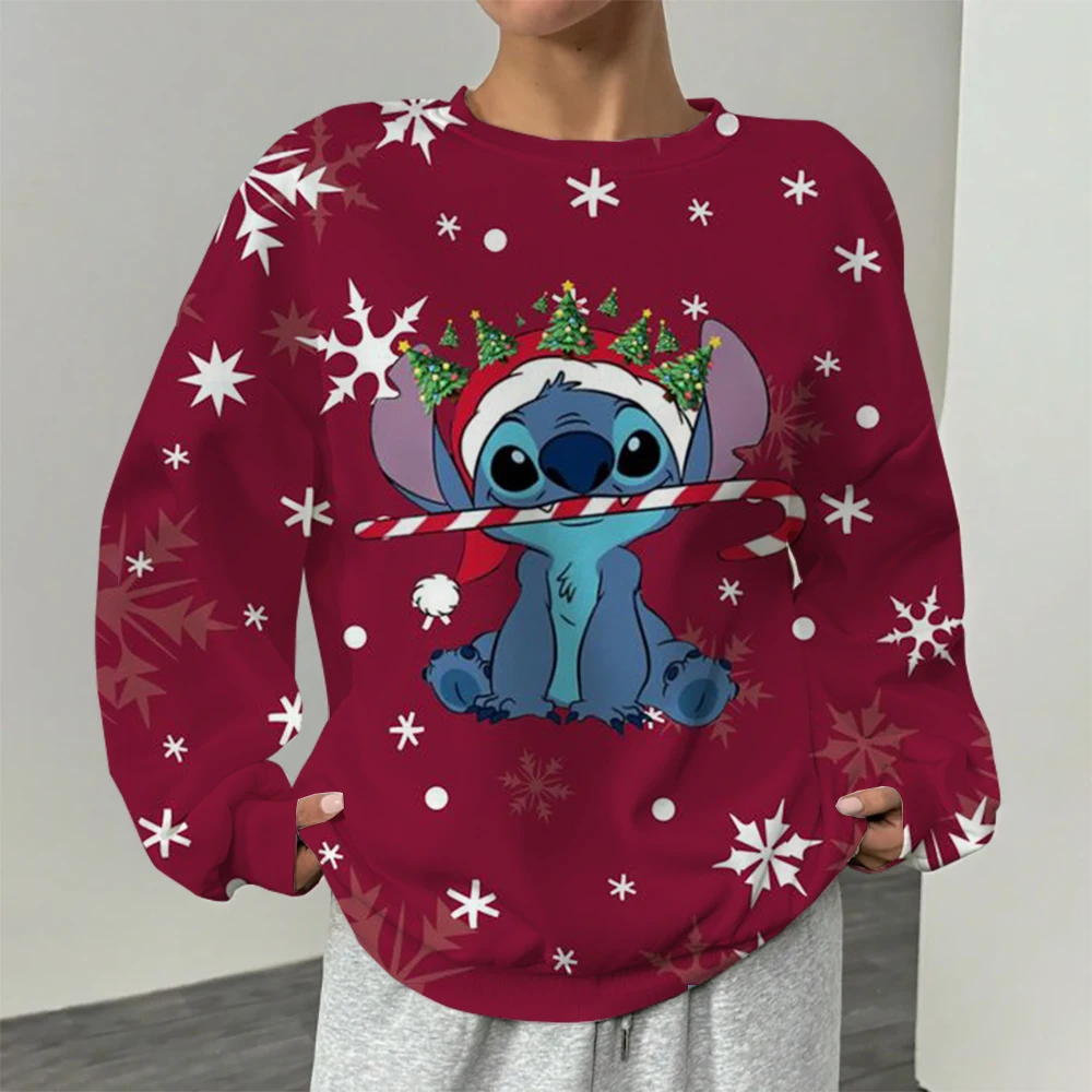 New Merry Christmas Disney Stitch and Mickey Minnie Fall Harajuku Crew Neck Casual Women's/Men's Long Sleeve Sweatshirt Top Y2K