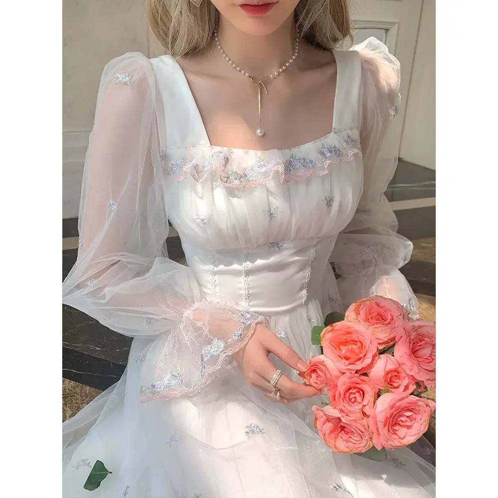 Autumn Spring White Mesh Fairy Dress Woman French Vintage Embroidery Floral Flare Sleeve Princess Prom Dresses Vestido Blanco