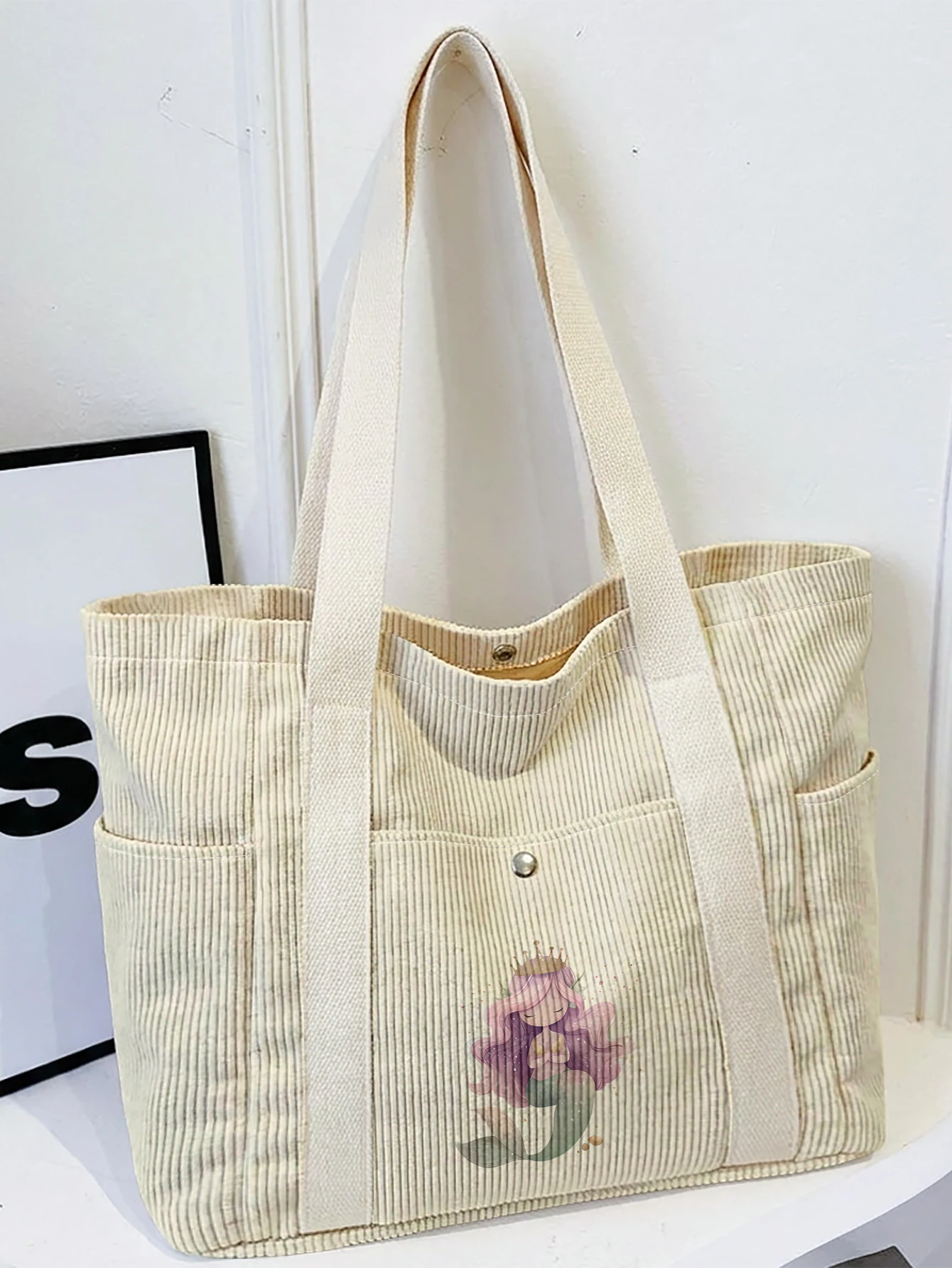 Cute Mermaid Princess Print Corduroy Tote Bag, Large Capacity Multi Pocket Shoulder Bag for School Shopping Daily Use