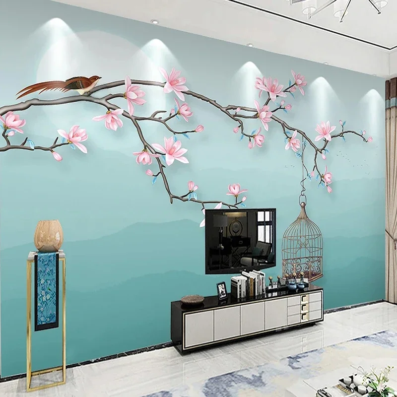 Custom Photo Wallpaper New Chinese Style Mural Wall 3D Pink Flower Bird Blue Background Interior Room Décor Papel Pintado Pared