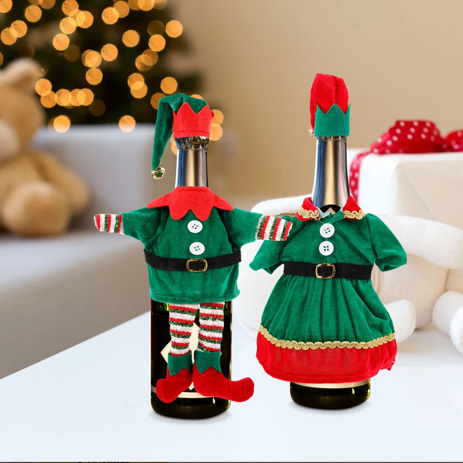 

2Pcs Wine Bottle Cover Christmas Elf Design Decorative Non-Woven Sleeve for Holiday Party Elegant Bottle Wrap Festive Decor