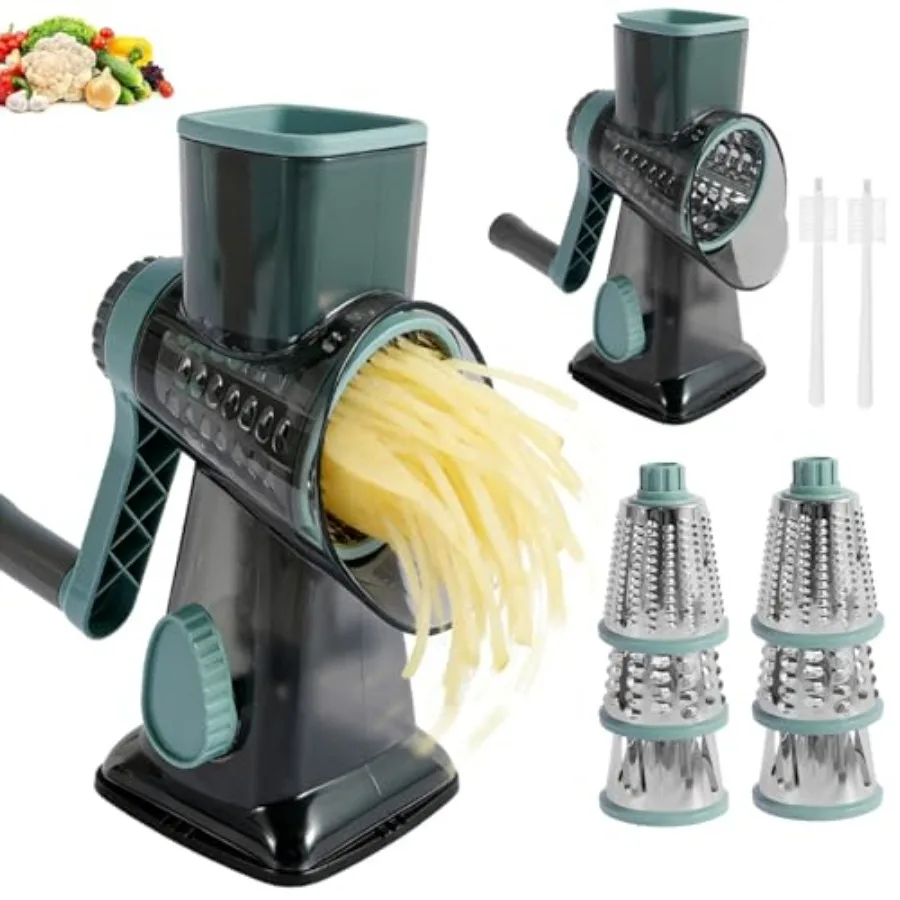 Rallador de queso giratorio con mango, 2 unidades, 6 cuchillas de acero inoxidable, rallador manual de cocina para patatas, calabacín, zanahoria, verduras y frutos secos