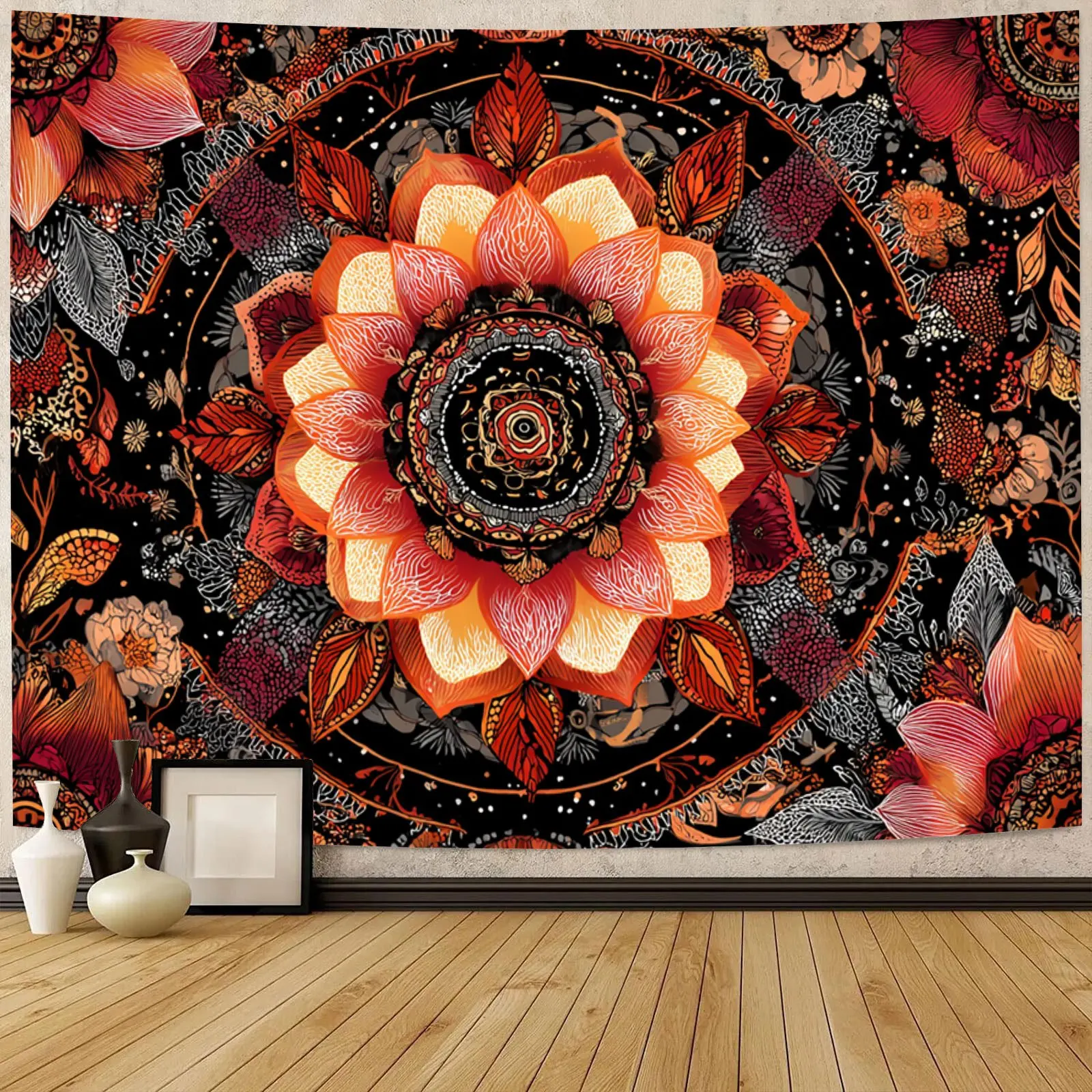 Arte tapiz floral 2D colorido con patrón de ensueño, fondo negro, poliéster, 85g/㎡, orientación transversal, decoración para el