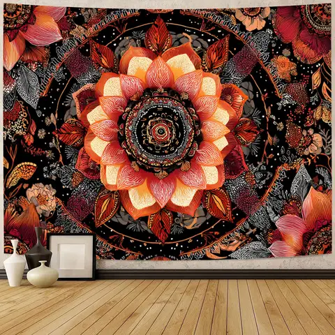 Arte tapiz floral 2D colorido con patrón de ensueño fondo negro poliéster 85g/㎡ orientación transversal decoración para el