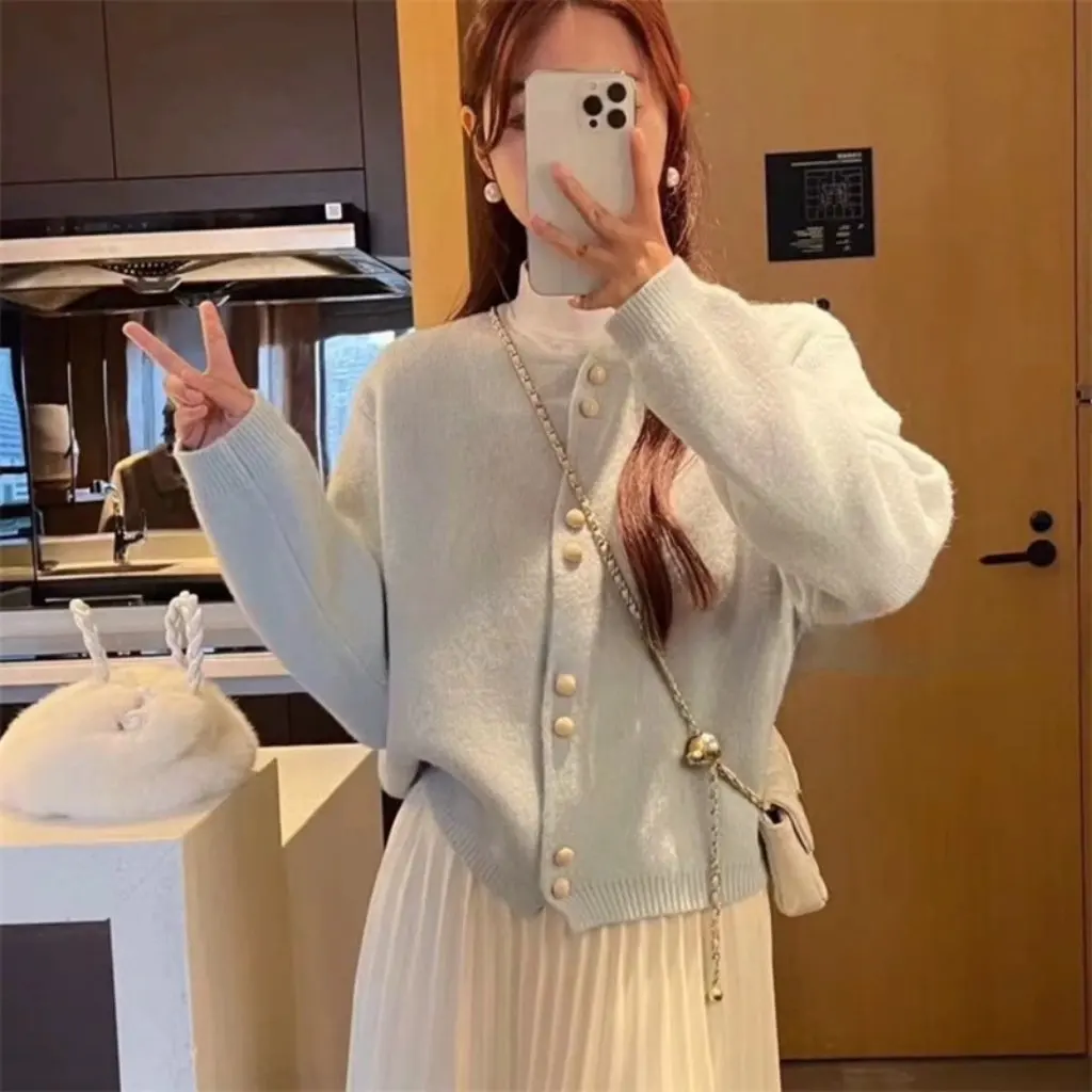 

Женский твидовый стиль, однотонный вязаный кардиган, короткий свитер с круглым вырезом, куртка свободного покроя в корейском стиле на весну и осень