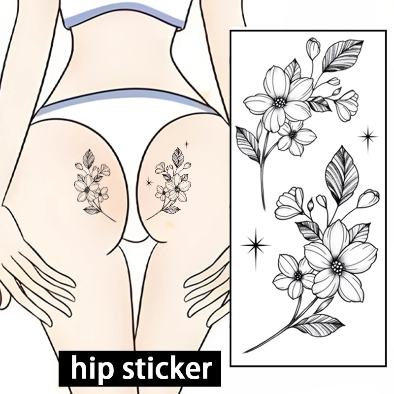 Realistic tattoo-colored tree branch and flower pattern temporary stickers, sexy buttocks and anus waterproof stickers