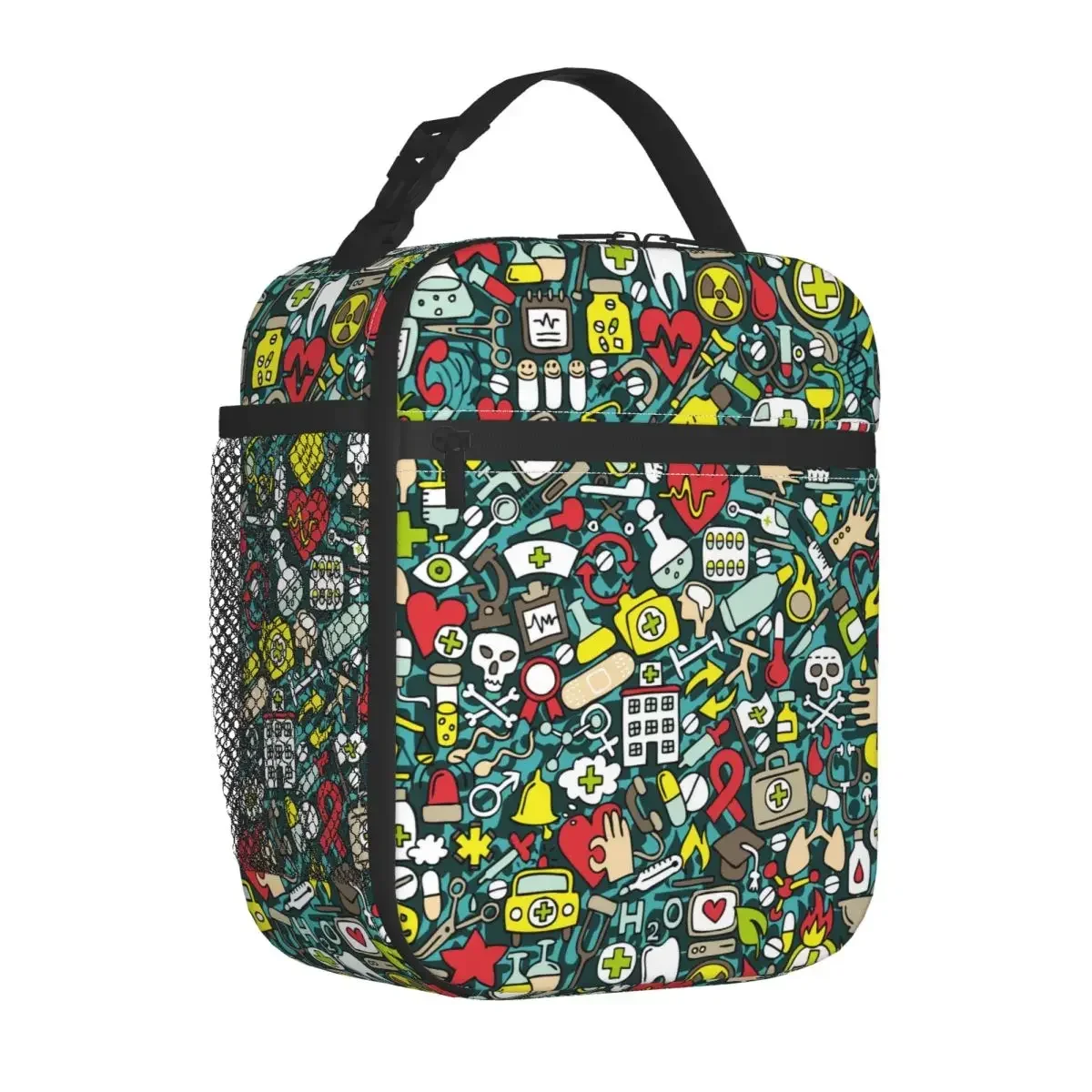 

Medicine Pattern Doodle Drawings Insulated Lunch Bag Cooler Bag Meal Container Tote Lunch Box for Men Women School Travel