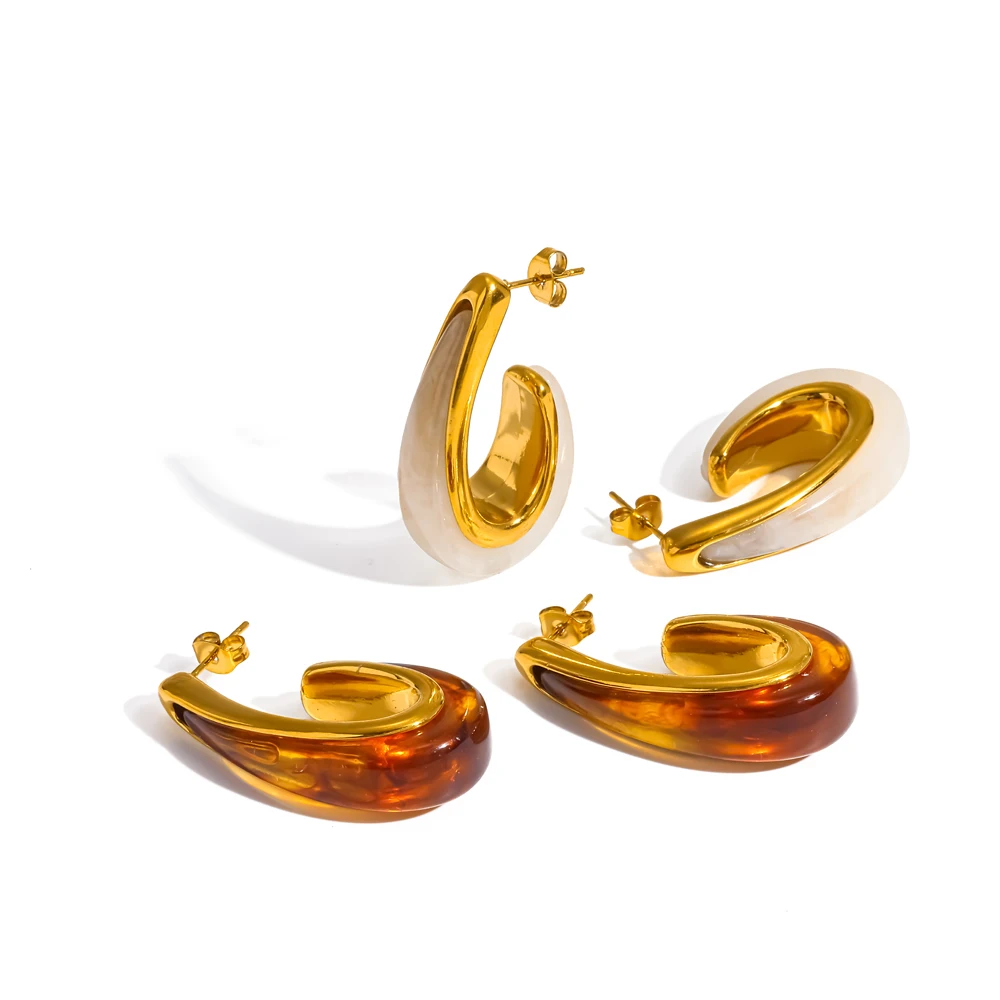 Brown Resin Water Droplet Shape Geometric Earrings 18k Gold-Plated Stainless Steel Ear Studs for Women Fashion Jewelry Gifts
