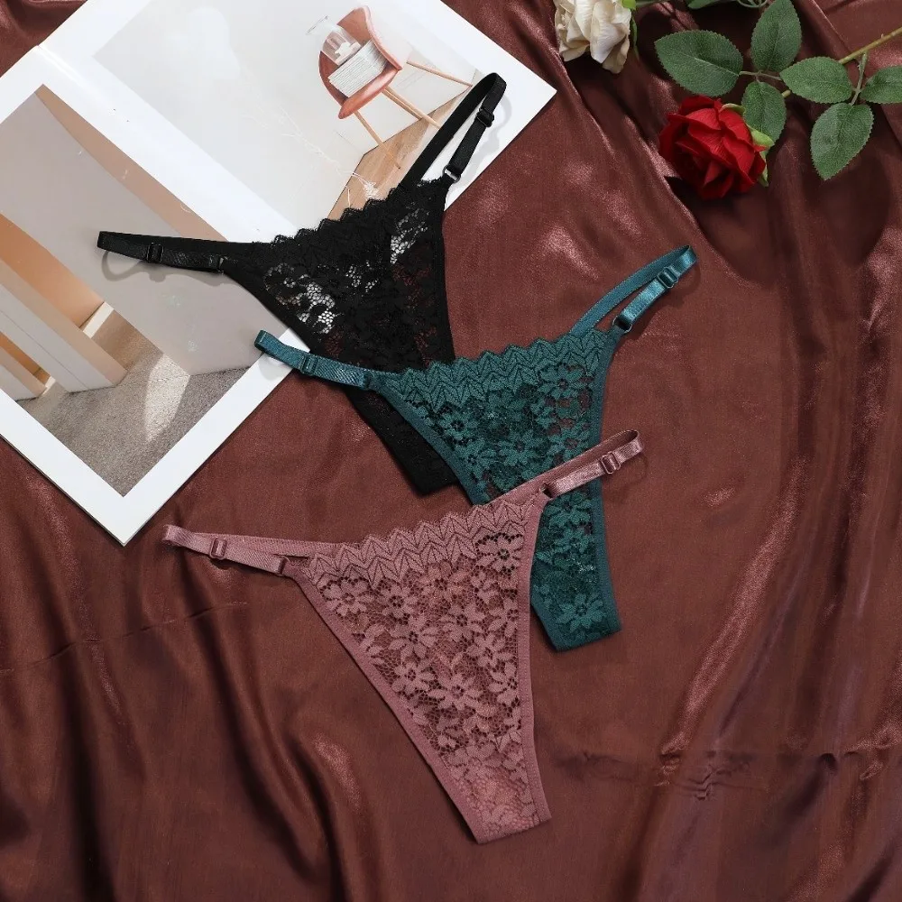 Low Waist Lace Flower Thongs Traceless Solid Color Adjustable Belt Briefs Underpants Lingerie Sheer T-back Panties Girls