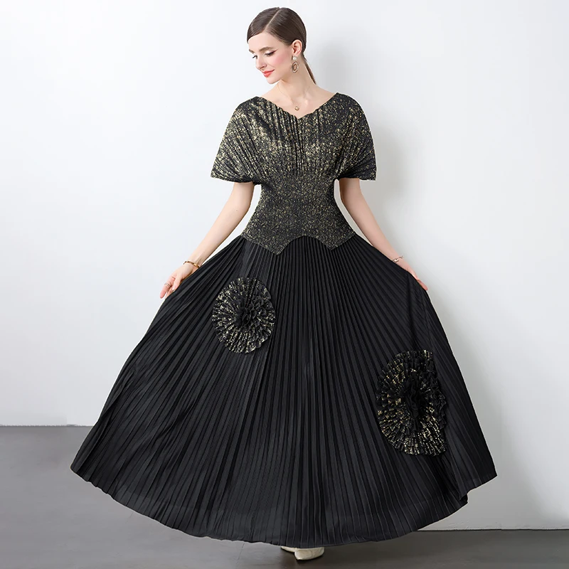 Ensemble t-shirt et jupe longue V-Ne avec Sves chauve-souris et Gold Eming européen Sle fibre de polyester Midi Dr