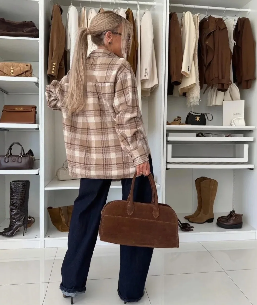 Novo vintage feminino oversized manga longa camisa xadrez blusa topos outono inverno botão para baixo solto lapela bolso camisa estilo rua