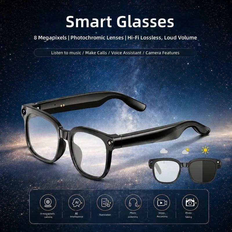 Smart Glasses AI Translation 8MP Camera Photochromic Lenses Large Frame HD Video Recording Intelligent Assistant Voice