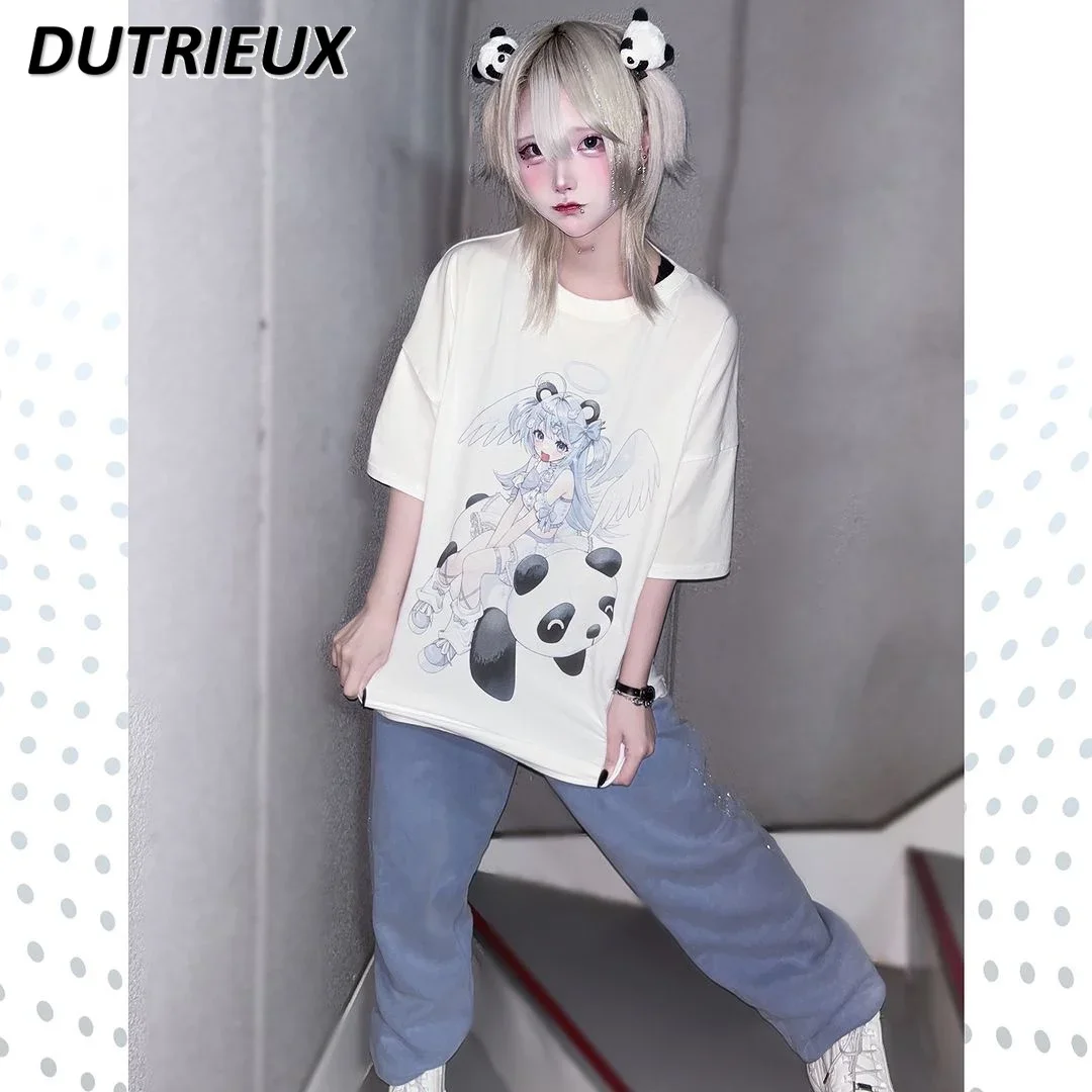 Japanese Harajuku Mine Series Subculture Cartoon Angel Girl White T-shirt Round Neck Short Sleeve Top Summer Oversized T Shirt