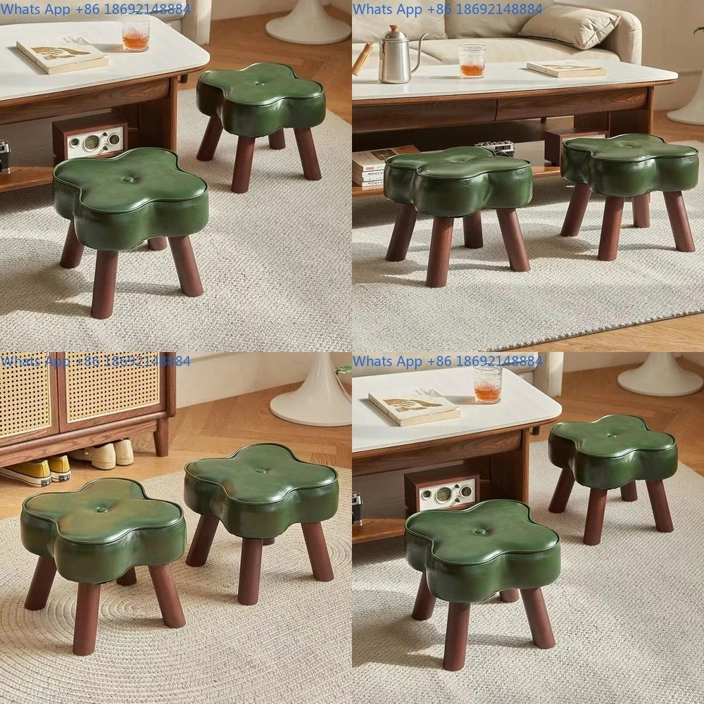 

Round leather stool for living room minimalist wooden footrest couch side seat