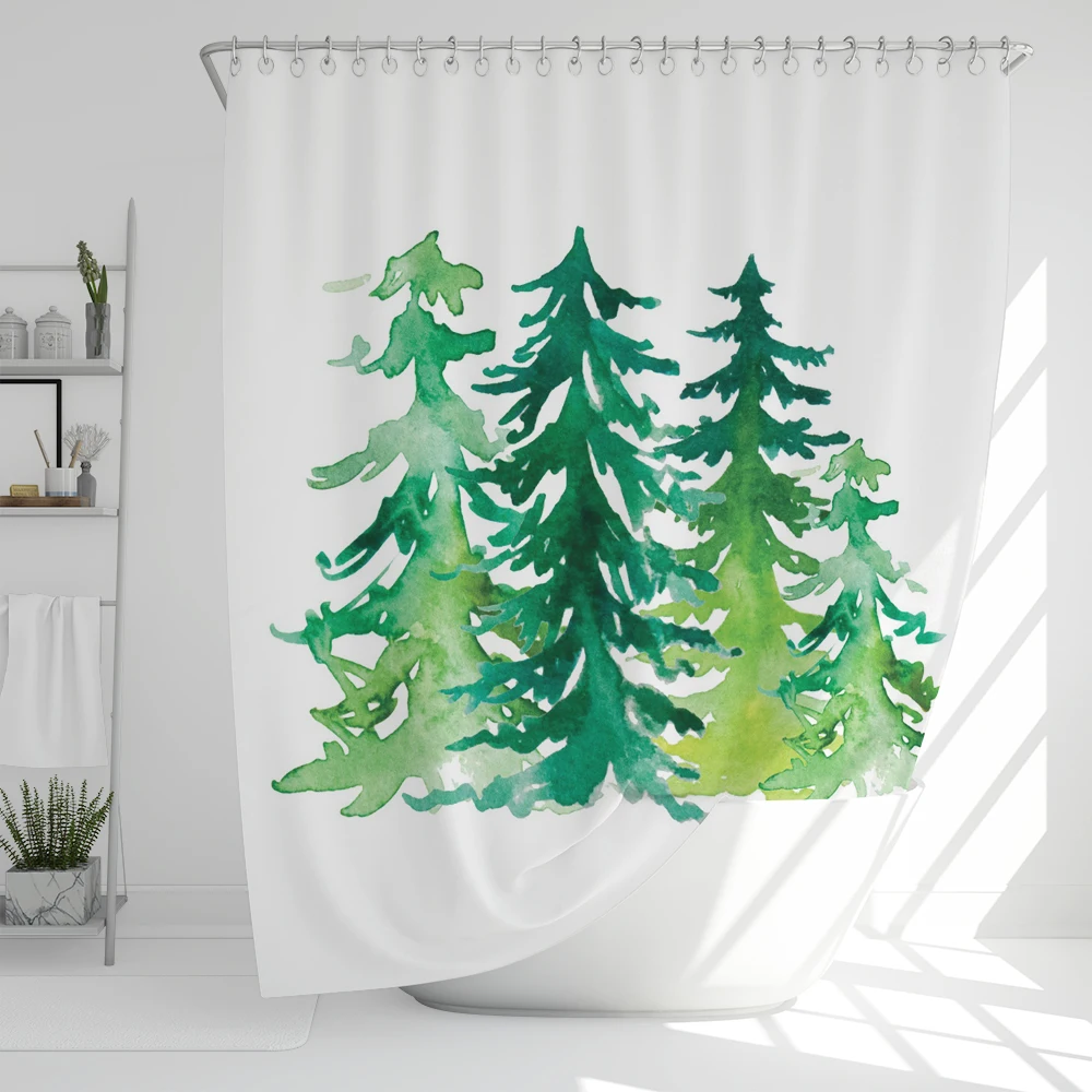 

1 Pcs Nordic simple green plant waterproof shower curtain, Christmas tree bathroom decoration curtain, with plastic hooks