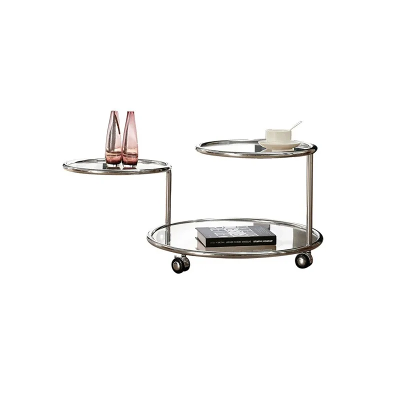 Tempered glass coffee table, sliding stainless steel with rollers, ultra-white glass