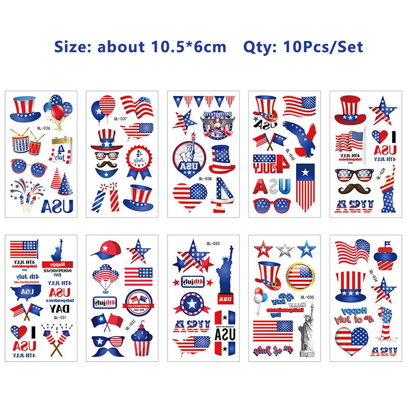 10 Sheets Independence Day American Flag Tattoo Sticker Painting Party Temporary Waterproof Tattoos Stickers Face Body Art Decor