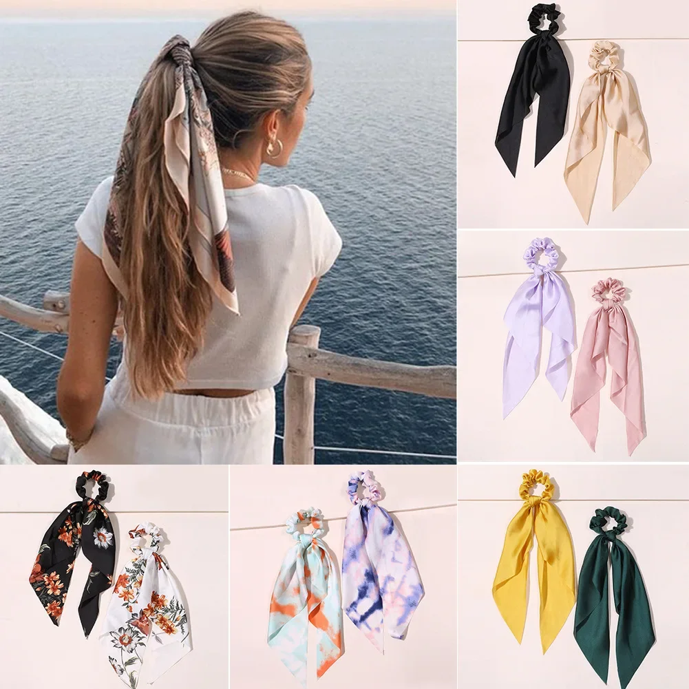 Solid Color Chiffon Long Ribbon Scrunchies Women Girls 스타일링 도구 Ponytail Scarf Elastic Hair Bands Ties Hair Accessories