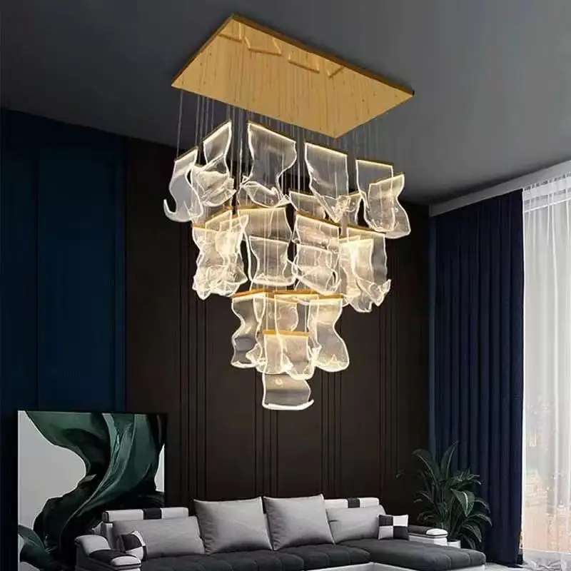 

Modern Transparent sheet Acrylic chandelier, lustre Height adjustable Ceiling Hardware for Spiral staircase Dimmable