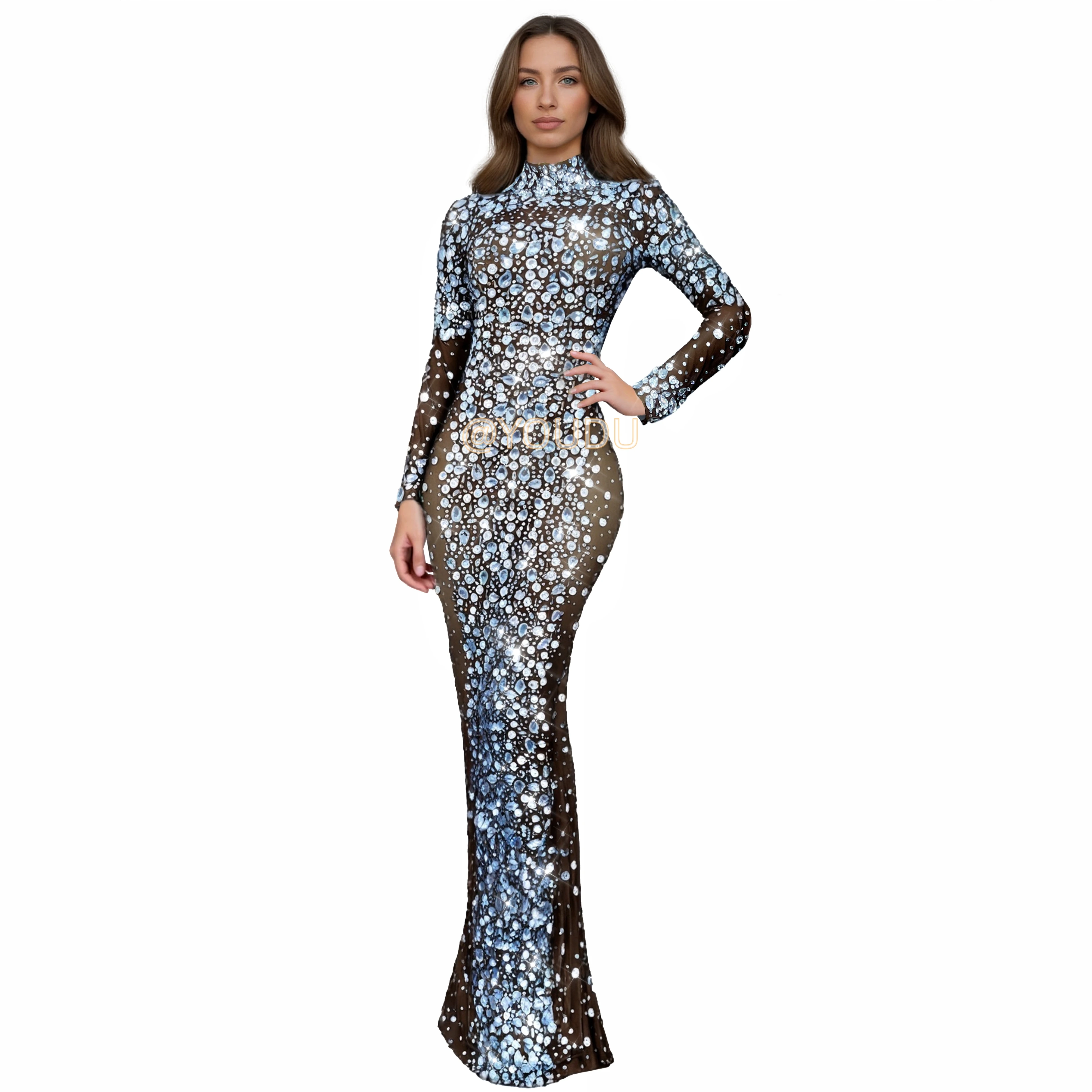 Blingbling srebrna duża suknia wieczorowa z kryształkami Lady eleganckie urodziny seksowne błyszczące rozciągliwe body ubrania taneczne cuixing