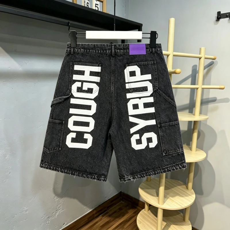 Summer Rhinestone Letter Print Cotton Cough Syrup Denim Short New High Street Trend Washed Denim Shorts Pants
