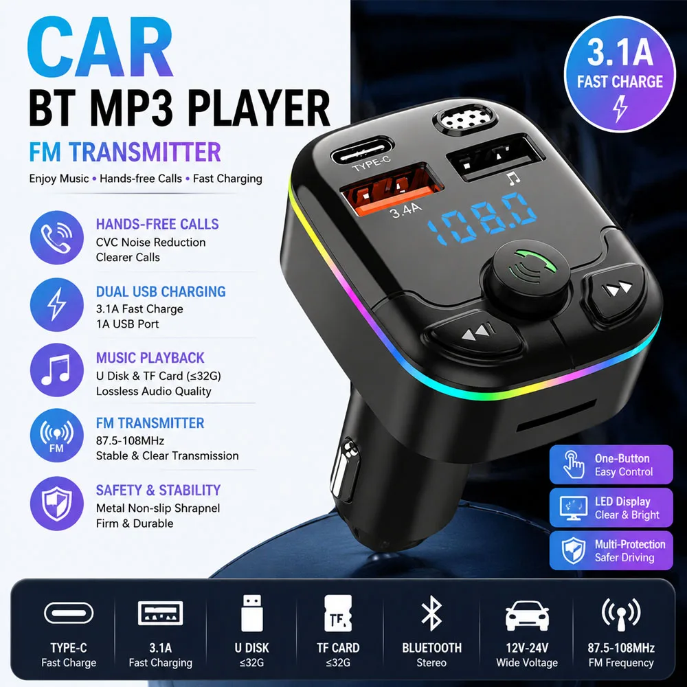 Bluetooth Car FM Transmitter PD Type-C Dual USB Charger With Ambient Light Wireless Handsfree MP3 Player QC 3.4A Type-C PD