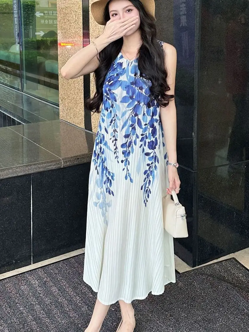 여름 신상 여성 플로럴 프린트 플리츠 드레스 슬리 하이웨이스트 A라인 스커트 통기성 폴리에스터 섬유 슬림핏