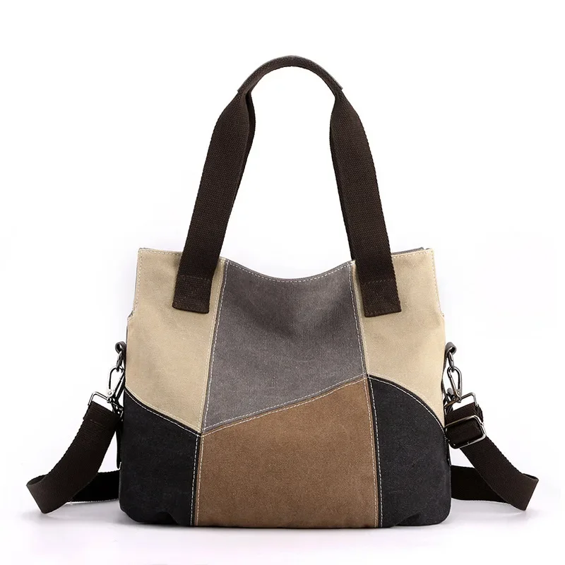 Canvas Ladies Handbag Fashion Women's Large Capacity Vintage Color Patchwork Bag New High Quality Shoulder Handbag